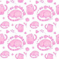 seamless pattern with cute watercolor illustration of cats and stylized flowers.
