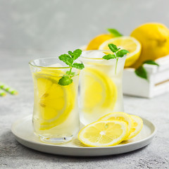 Iced lemon mint tea with ginger and honey. Selective focus, space for text.