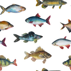 Watercolor sea fish seamless pattern.