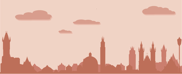 Prague silhouette, vector skyline illustration, clouds, bridge, collage icon, city panorama river