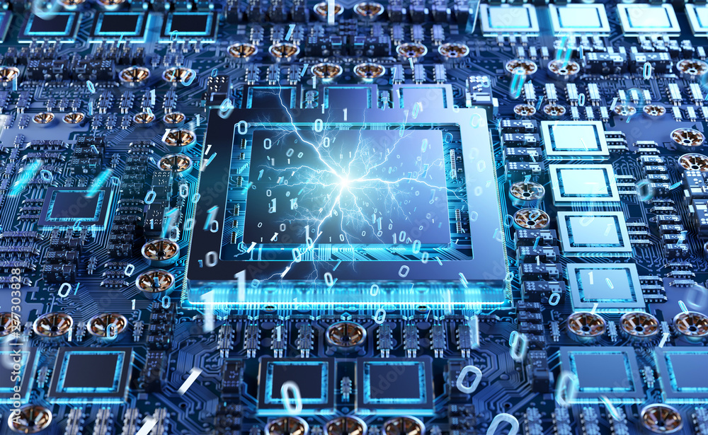 Fototapete close-up view of a modern gpu card with connections 3d rendering
