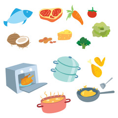 Cooking vector set include equipment, food, meat and vegetables