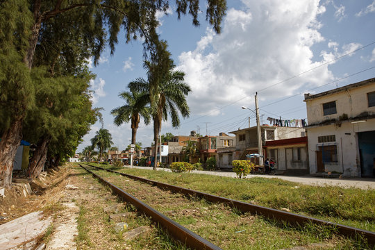 Bayamo, Cuba - July 16, 2018: Railway crossing in Bayamo. Bayamo is the capital city of the Granma Province of Cuba and one of the largest cities in the Oriente region