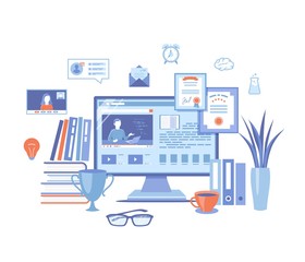 Online Education E-learning Online training, courses, exams, testing. Monitor screen with video tutorials, electronic books. Video chat, tasks, diploma. Vector illustration on white background. 