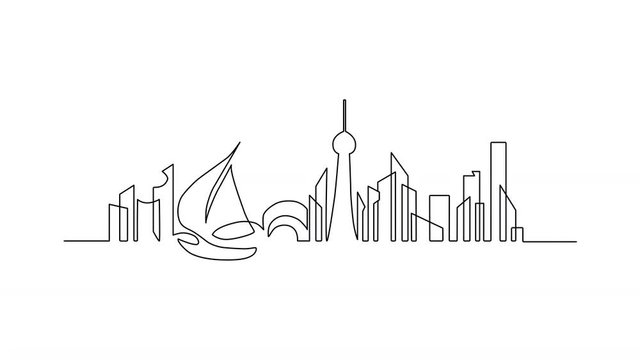 Animation with one line on three backgrounds: white, green for chroma key, black. Abstract drawing with contour line of drawing of the large modern city skyline on backgrounds.