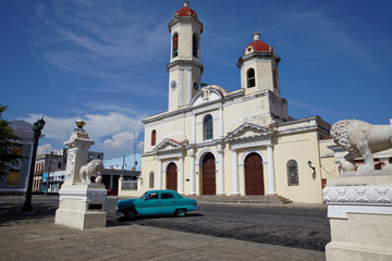 Fototapeta na wymiar Cienfuegos, Cuba - July 26, 2018: Cathedral of the Immaculate Conception. In 2005 Cienfuegos was listed as a UNESCO World Heritage Site