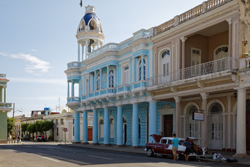 Cienfuegos, Cuba - July 26, 2018: Palacio Ferrer in Jose Marti Park in Cienfuegos, Cuba