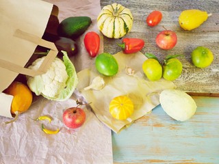 Fresh vegetables, fruits and spices on a light background, healthy food, the season of summer, autumn