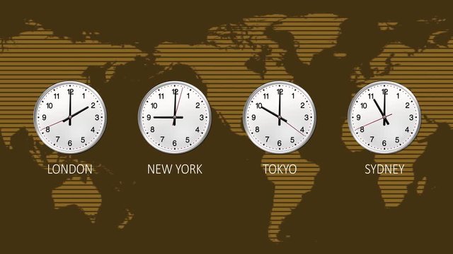 4K Business clock counting down 12 hours over 30 seconds. Stock exchange. News yellow background. Four time zone
