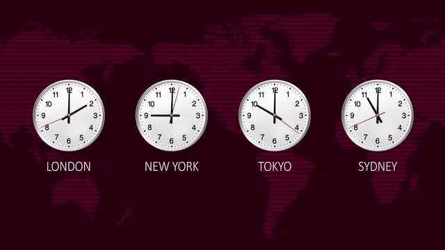 4K Business clock counting down 12 hours over 30 seconds. Stock exchange. News red background. Four time zone