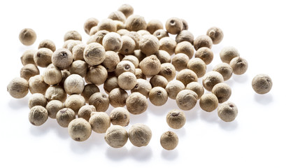 White peppercorns isolated on white background.