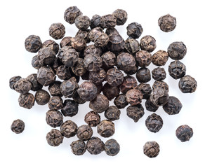 Black peppercorns isolated on white background.