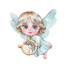 Fototapeta premium little angel with a harp flying