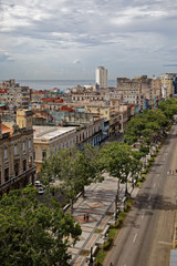 Havana, Cuba - August 1, 2018: Aerial view of Prado and roofs in Havana