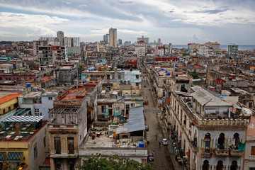 Havana, Cuba - August 1, 2018: Aerial view of Prado and roofs in Havana