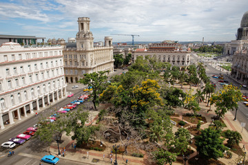 Havana, Cuba - August 1, 2018: Aerial view of Capitol and parque central in Havana