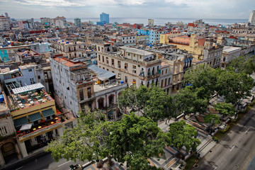 Havana, Cuba - August 1, 2018: Aerial view of Prado and roofs in Havana