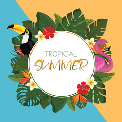 Tropical summer round frame design with exotic palm leaves, Hibiscus flowers, Toucan and Flamingo. Vector Illustration © G3D Studio