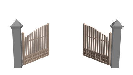 Open gate. Isolated on white background. 3d Vector illustration.