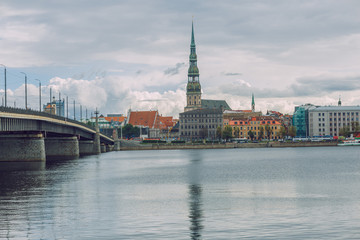 Obraz premium City Riga, Latvia Republic. View to old city and river Daugava. Urban city in summer. July 4. 2019 Travel photo.