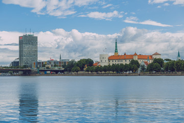 Fototapeta premium City Riga, Latvia Republic. View to old city and river Daugava. Urban city in summer. July 4. 2019 Travel photo.