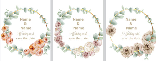 Wedding wreath set watercolor roses Vector. Vintage decor design frames. Round shape collection. soft light colors