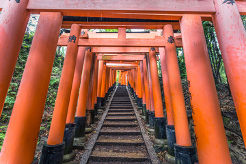 Kyoto - May 28, 2019: Torii gates of the Fushimi Inari Shinto shrine in Kyoto, Japan