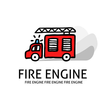 A square vector image of a fire engine. Outline doodle illustration. A cute cartoon design for kids. 