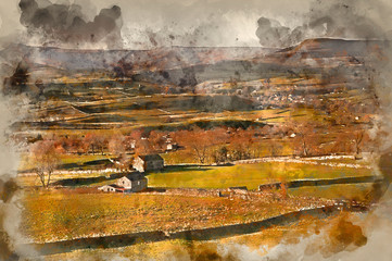 Naklejka na ściany i meble Digital watercolour painting of Landscape from Askrigg to Pen-y-Ghent in Yorkshire Dales National Park England