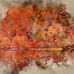 Digital watercolour painting of Beautiful Autumn Fall landscape image of Lake Buttermere in Lake District England