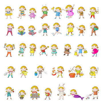 Collection of vector school and kindergarten girls. Princess, pirate, pet shop, fashion, sport, clothes, gardening, cooking.