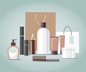 Cosmetic, Make Up products and Skincare Packaging  with cosmetic bag Template. Vector Illustration   