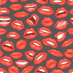 Lip kiss, open mouth with teeth seamless pattern vector cartoon illustration. Beautiful red lips or fashion lipstick and sexy mouth kissing lovely on valentines day wrapping paper.