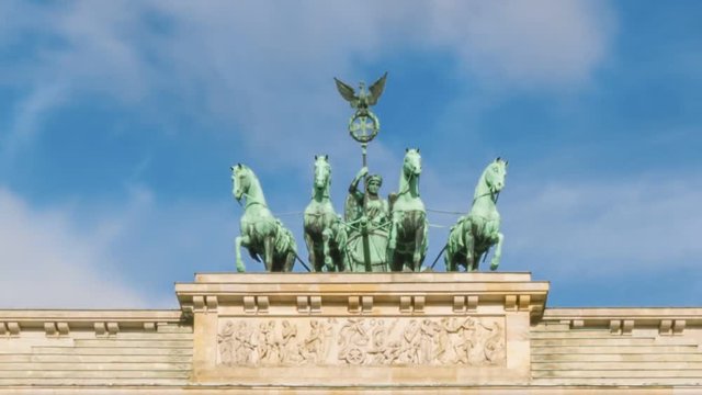 Close-up of the quadriga chariot at the Brandenburg Gate in Berlin, Germany Time lapse sequence