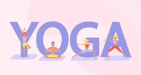 Fototapeta na wymiar Yogi Group Doing Yoga Exercises on Mats, Healthy Lifestyle Concept. Huge text Yoga in the background. Editable vector illustration