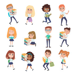 Back to school, set of student characters. Editable vector illustration
