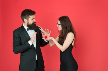 Engagement concept. Romantic gift box jewelry engagement. Marriage proposal. Handsome man and elegant woman in love. Romantic engagement. Rejected offer. Couple in love celebrate anniversary