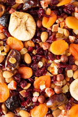 Dried fruits and nut mix background, top view. Close-up.