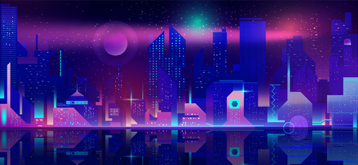 Night city in neon lights. Futuristic cityscape at waterfront background with glowing illumination. Modern town buildings exterior architecture in blue and purple colors. Cartoon vector illustration