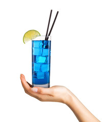 Woman hand holding cocktail in tall glass on white background