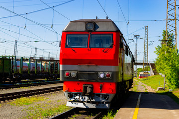 Naklejka premium Summer.Locomotive goes on rails. Russian train. Russian railway.