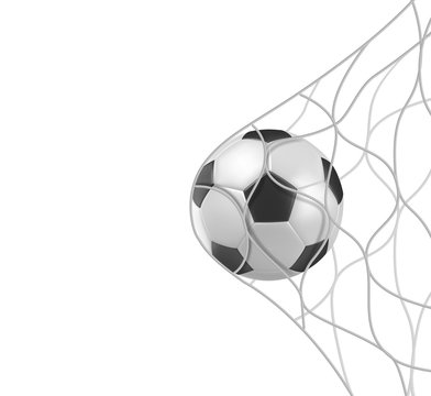 Soccer or football ball in goal net isolated on white background, sports accessory, equipment for playing game, championship or competition, design element. Realistic 3d vector illustration, clip art