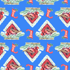 Seamless pattern  with red bird box, color socks. Isolated  elements on a blue background .Hand painted  in watercolor.