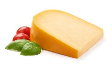 Hard Dutch gouda cheese, close-up, isolated on white background