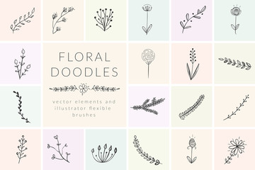 Vector Hand Drawn Doodle Florals, Plants, Branches, Laurels, Flowers. Design Elements Illustration Collection, Flexible Art Brushes