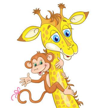 Funny little monkey sitting on the neck of a large giraffe. In cartoon style. Isolated on white background.
