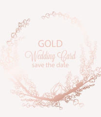 Vintage boho flowers wreath decor Vector line art. Golden glossy structure. Hand made designs