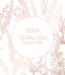 Vintage boho flowers wreath decor Vector line art. Golden glossy structure. Hand made designs