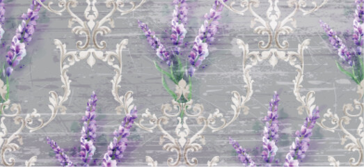 Damask ornament and lavender Vector pattern. Delicate floral decor watercolor. Spring summer texture banner templates © castecodesign