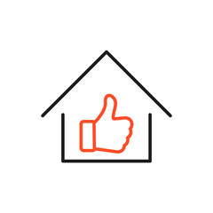 Fototapeta premium Real estate, home with hand and thumb up, logo design. Realtor, real property and construction, vector design and illustration. Best home icon